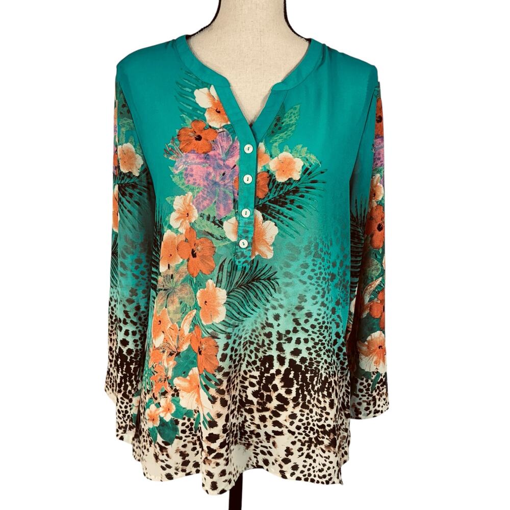 Soft Surroundings Petite Large Top Floral 3/4 Roll-Tab Sleeves V-Neck Semi-Sheer